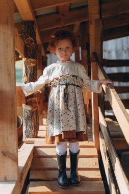 Kaliteli bir elbise giymiş, çiftlik ambarındaki ahşap merdivenlerde yürüyen kızıl saçlı güzel bir kız.