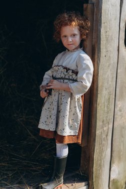Eski moda elbiseli güzel kızıl saçlı kız çiftlikteki ahşap ahırın yanında duruyor.