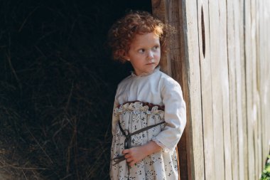 Eski moda elbiseli güzel kızıl saçlı kız çiftlikteki ahşap ahırın yanında duruyor.