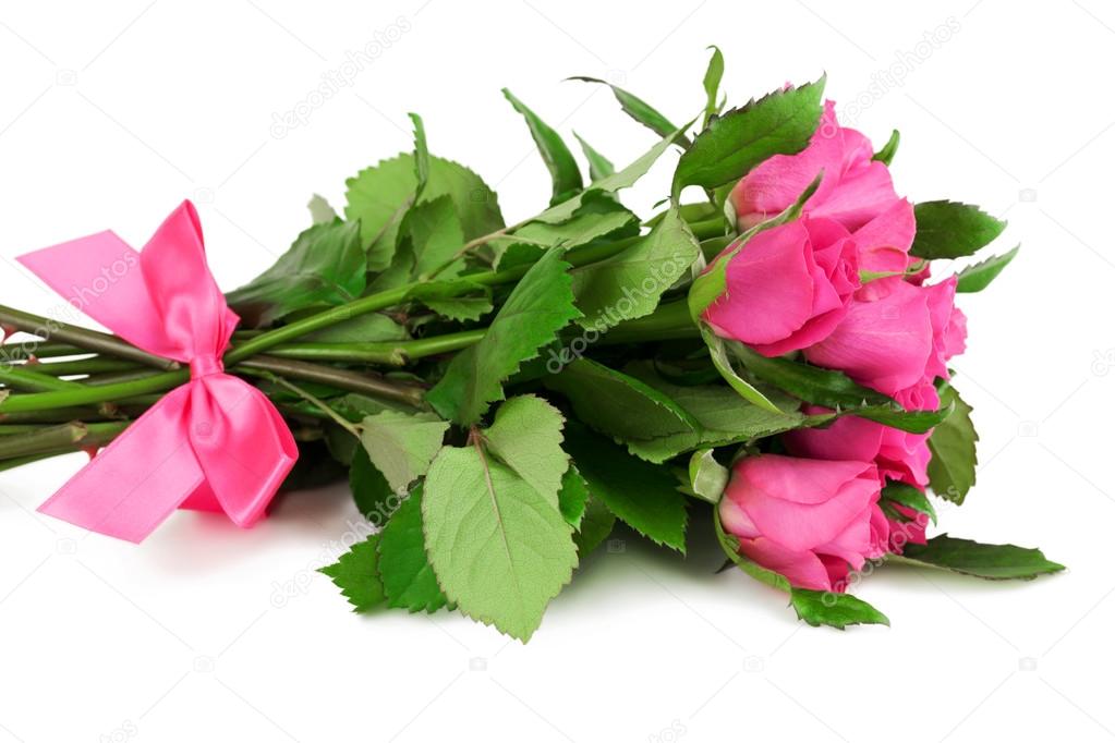 Bouquet of roses with pink ribbon