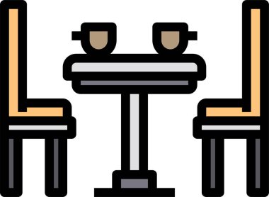 Sandalyelerin masa ve kahve fincanlarının ikonu. biçim, beyaz arkaplandaki düz sembollerdir