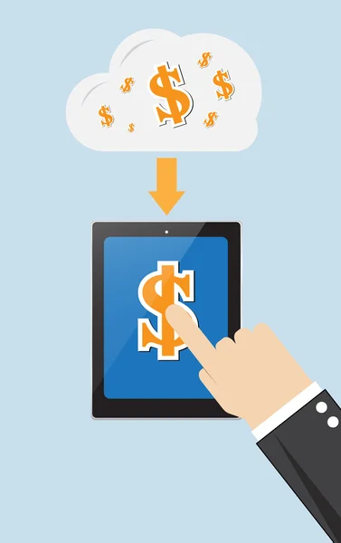 Signo de dólar en nube caída en smartphone con mano — Vector de stock