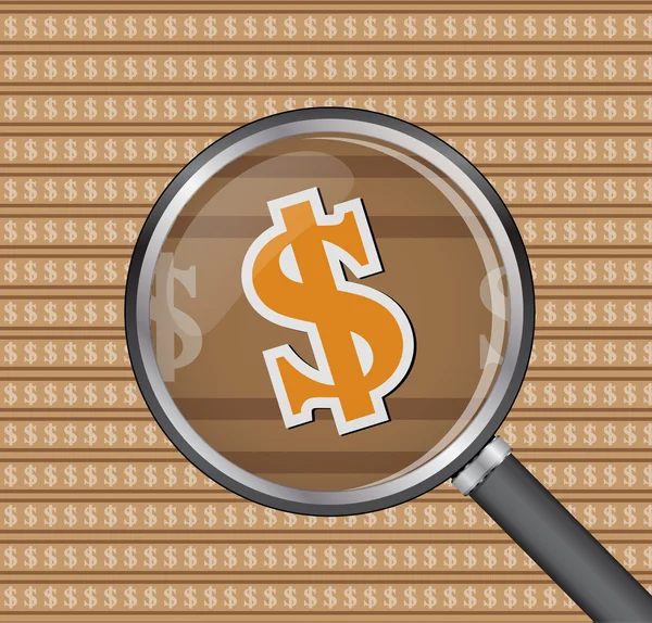Teken dollar door vergrootglas op teken dollar achtergrond — Stockvector