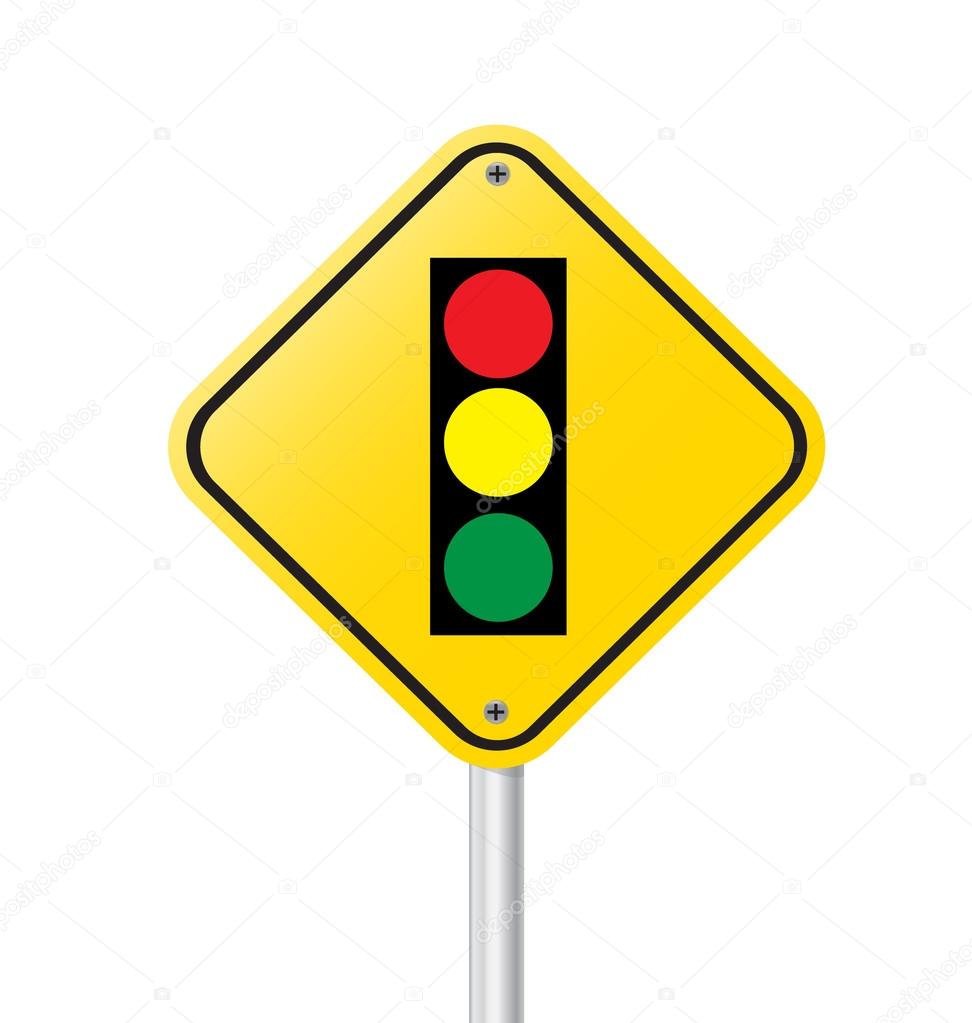 traffic light over yellow sign on white vector