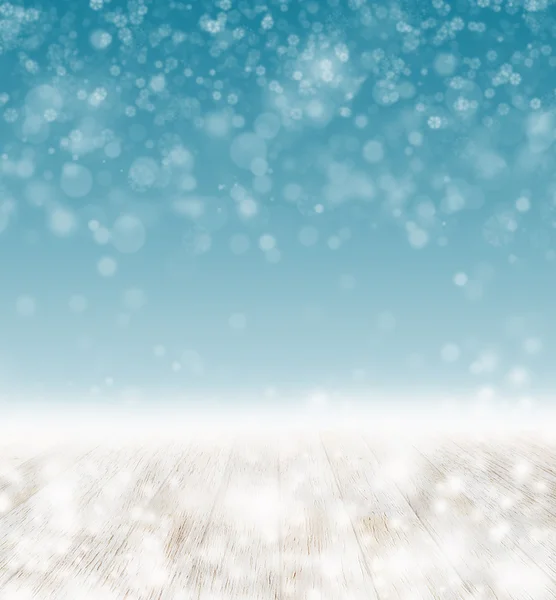 Fondo natalizio con pavimento in legno e neve — Foto Stock