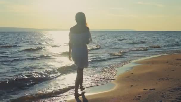 Девушка прогуливается по пляжу — стоковое видео
