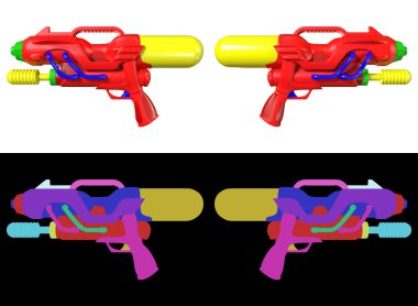 3D render su bir dizi silah üzerinde izole beyaz arka plan.