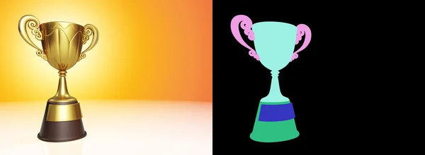 3D çizim altın metalik trophy Kupası kazanan ödül altın sesi arka plan üzerinde birinci.