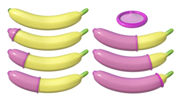 3D rendering A set of banana with condom isolated on white background. — Stock Photo, Image