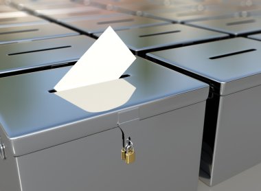 3D rendering metal ballot boxes and vote card. clipart