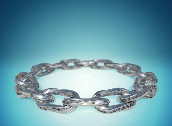 3D рендеринг блестящей хромированной цепи связывает высокодетальный дизайн на синем градиентном фоне с пространством для копирования . — стоковое фото