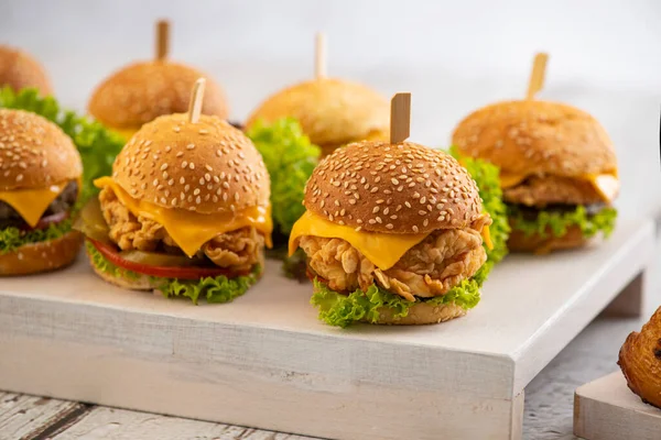 Set Beef Chicken Mini Burgers Cheese Lettuce Sticks Wooden Background — Stock Photo, Image