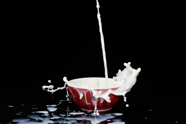 Falling milk flow into red bowl creating many splashes and swirl. — Stock Photo, Image