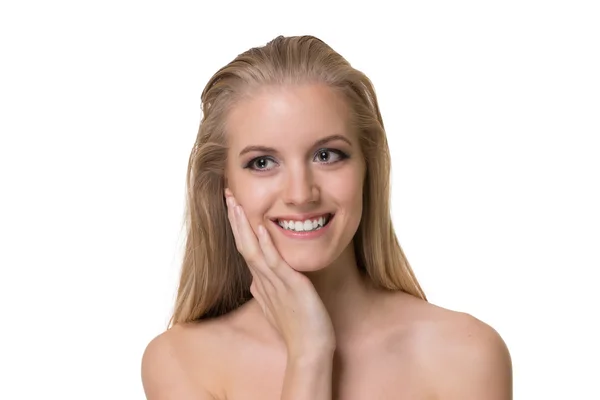 Portrait of smiling beautiful blonde woman. Studio shot hight ke — Stock Photo, Image