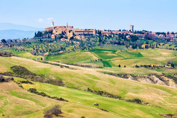 Toskánská krajina, pohled na města Pienza — Stock fotografie