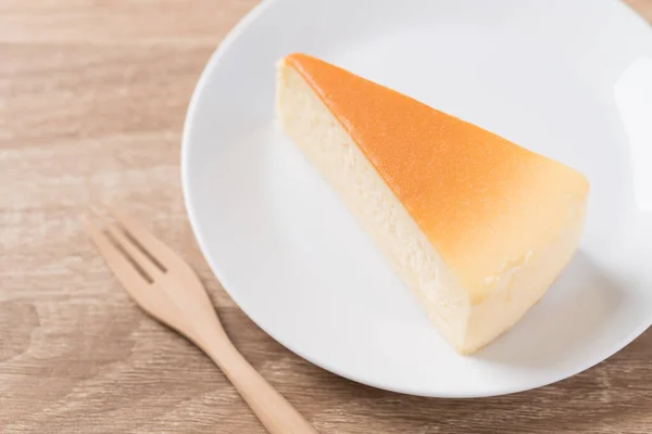 Slice Vanilla Cheesecake White Plate Fork — Stock Photo, Image