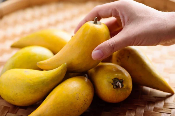 Fruta Ovo Canistel Segurando Mão Frutas Tailandesas Nomes Tailandeses Como — Fotografia de Stock