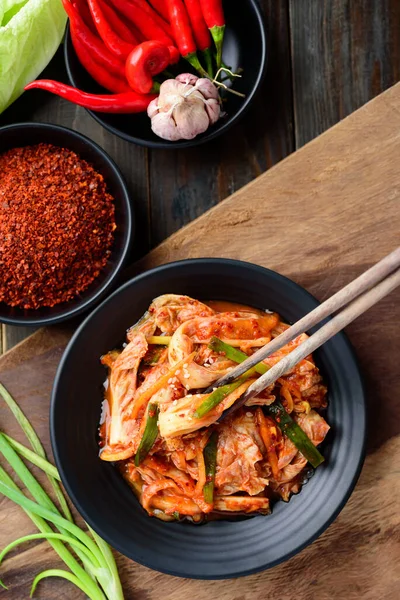 Korean Food Kimchi Cabbage Plate Eating Chopsticks Wooden Background — Stock Photo, Image