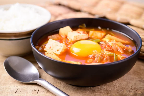 Nourriture Coréenne Soupe Kimchi Fofu Oeuf Manger Avec Riz Cuit — Photo