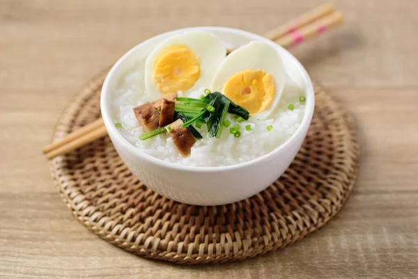 Asian Breakfast Food Rice Soup Boiled Egg Grilled Mushroom Spinach — Stock Photo, Image