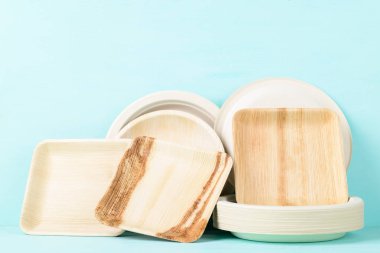 Pastel renk arkaplan üzerinde biyolojik olarak çözünebilir, tek kullanımlık, ya da çevre dostu alet plakası, sürdürülebilir konsept