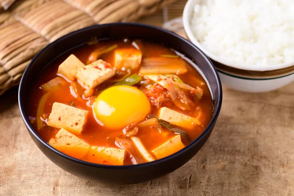 Nourriture Coréenne Soupe Kimchi Fofu Oeuf Manger Avec Riz Cuit — Photo