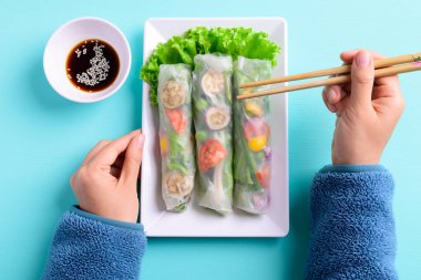 Taze sebzeli börek, soya sosu ve susamlı Asya sağlıklı vejetaryen yemeği.