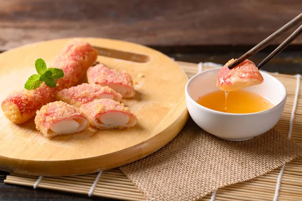 Deep Fried Crab Sticks Surimi Dipping Chili Sauce Chopsticks — Stock Photo, Image