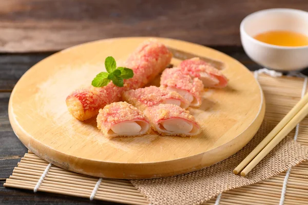 Deep Fried Crab Sticks Surimi Wooden Board Eating Chili Sauce — Stock Photo, Image