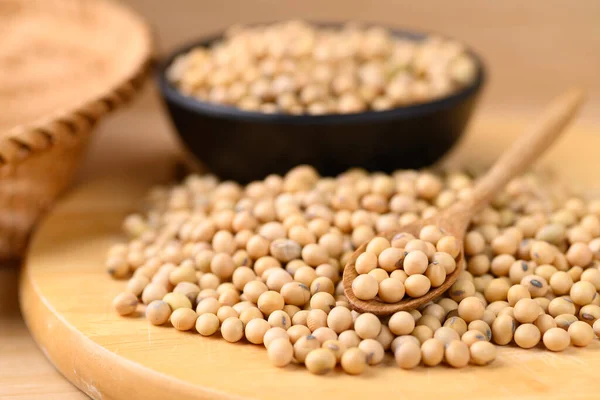 Soybean Seeds Spoon Bowl Wooden Background — Fotografia de Stock