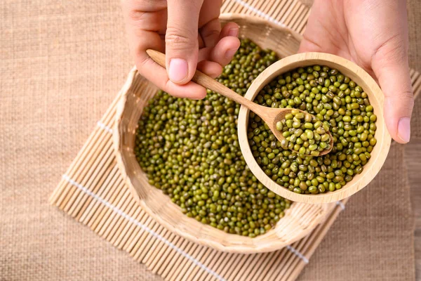 Mung bean seeds in wooden spoon and bowl holding by hand, Food ingredients in Asian cuisine and produce mung bean sprout