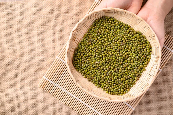 Mung bean seeds in bamboo basket holding by hand, Food ingredients in Asian cuisine and produce mung bean sprout