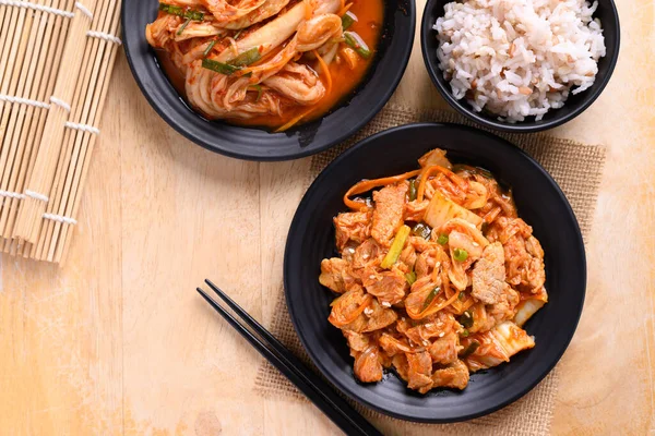 Korean Food Stir Fried Kimchi Cabbage Pork Eating Cooked Rice — Stock Photo, Image