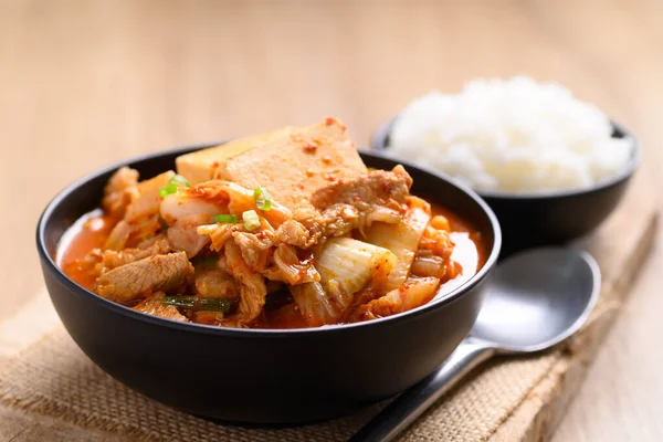 Korejské Jídlo Kimchi Polévka Tofu Vepřové Misce Vařenou Rýží — Stock fotografie