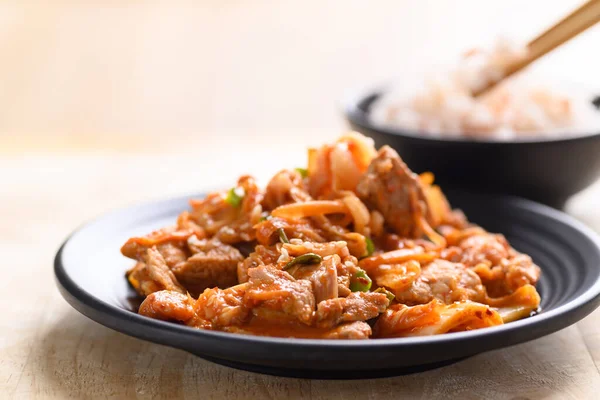 Comida Coreana Col Kimchi Frita Con Cerdo Comiendo Con Arroz — Foto de Stock