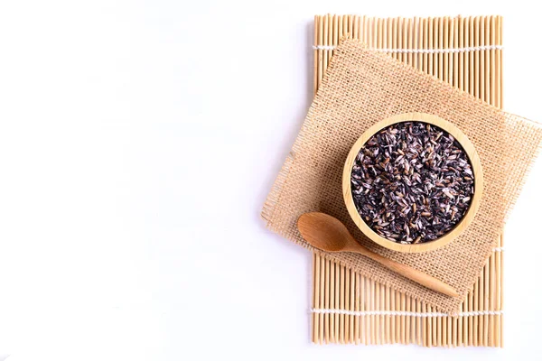 Grano Arroz Glutinoso Púrpura Tailandés Tazón Madera Cuchara Sobre Fondo —  Fotos de Stock