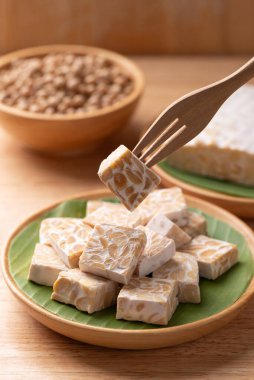 Tempeh made from fermented soybeans, Traditional Indonesian food, Healthy vegan and plant based ingredients