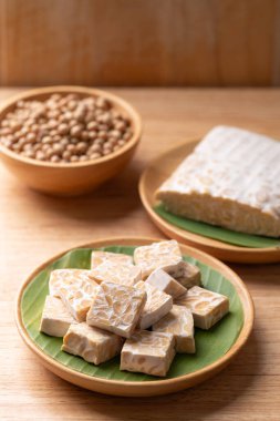 Tempeh made from fermented soybeans, Traditional Indonesian food, Healthy vegan and plant based ingredients