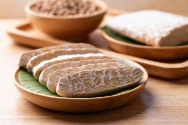Tempeh made from fermented soybeans, Traditional Indonesian food, Healthy vegan and plant based ingredients