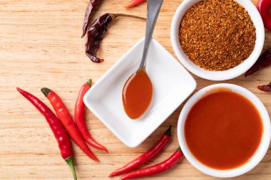 Ahşap arka planda kaşık, Chili sosu, masa üstü manzaralı Sriracha sosu.