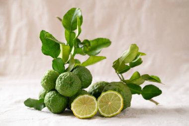 Beyaz kumaş arka planda yapraklı Kaffir kireç meyvesi, Tayland besin maddesi