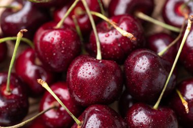Arka plan için su damlacıkları desenli taze kırmızı kirazlar yakın plan, olgun yaz meyveleri