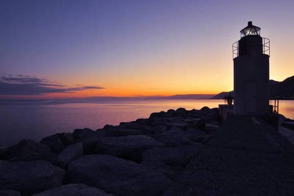 Magnifique Coucher Soleil Derrière Phare Camogli Sur Mer — Photo