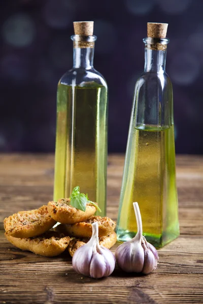 Fresh olive oil ,baguettes, olives — Stock Photo, Image