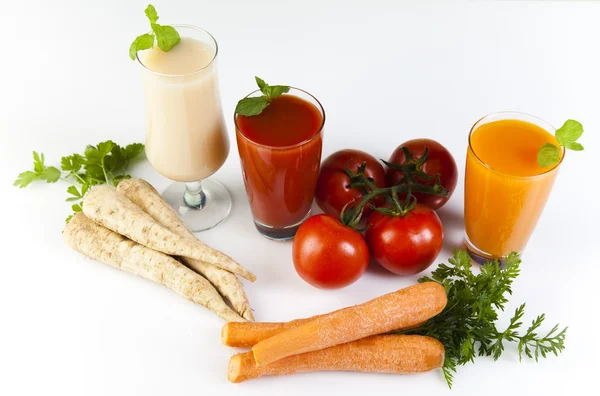 Fruits, légumes, jus de fruits, jus de légumes, aliments sains — Photo