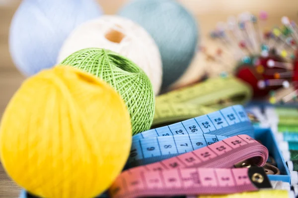 Sewing accessories. Needles, pins, centimeter — Stock Photo, Image