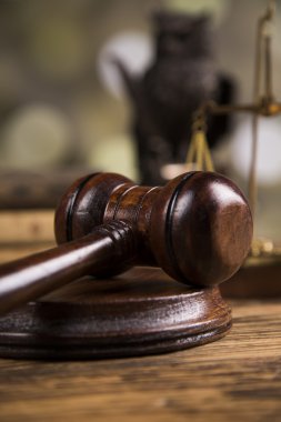 Golden scales of justice, books, Statue of Lady Justice. Owl and paragraph
