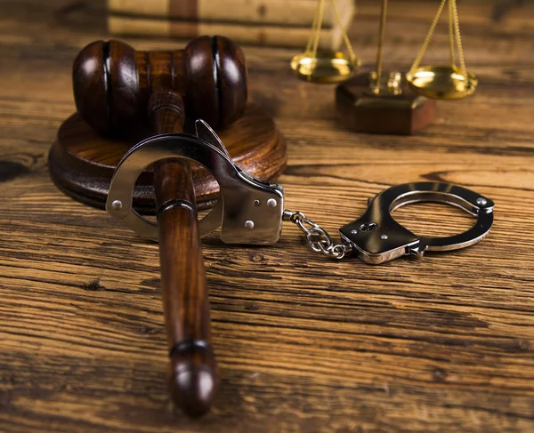 Golden scales of justice, books, Statue of Lady Justice. Owl and paragraph — Stok fotoğraf