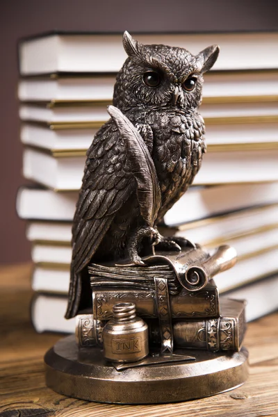 Golden scales of justice, books, Statue of Lady Justice. Owl and paragraph — 스톡 사진