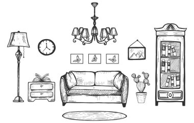 Konforlu ev oturma odasının içini gösteren vektör el çizimi. Koltuk, paspas, zemin lambası, avize, kitaplık, boyama ve saate asılı duvar, kaktüs, klasik oymalı klozet